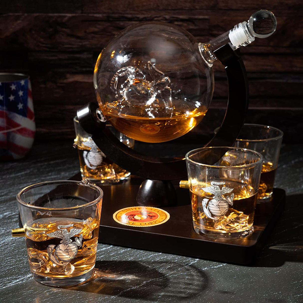 U.S. Marine Globe Whiskey Decanter Set with 4 Liquor Glasses - Marine Veteran Gift Set with Mahogany Wood Base & Emblem - Gifts for Men, U.S.A Flag - Bourbon and Scotch Military Gifts for Dad (29 OZ) The Wine Savant