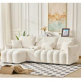 KEIKI 92" Chenille Sofa, 3 Seat Upholstered Couch with Center Console, USB Ports, Coffee Table, Deep Seat Couch for Living Room Bedroom Office Apartment, Off White KEIKI