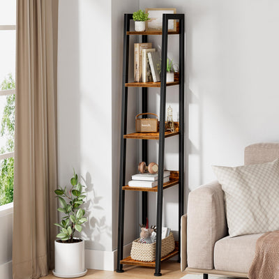 KLUVIS Narrow Ladder Shelf for Small Spaces - 5 Tier Thin Bookshelf Skinny Book Shelves Slim Bookshelves 60 inch Tall, Farmhouse Brown (02BN)