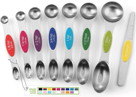 Spring Chef Magnetic Measuring Spoons Set with Strong N45 Magnets, Heavy Duty Stainless Steel Metal, Fits in Most Kitchen Spice Jars for Baking & Cooking, BPA Free, Multicolor, Set of 8 with Leveler Spring Chef