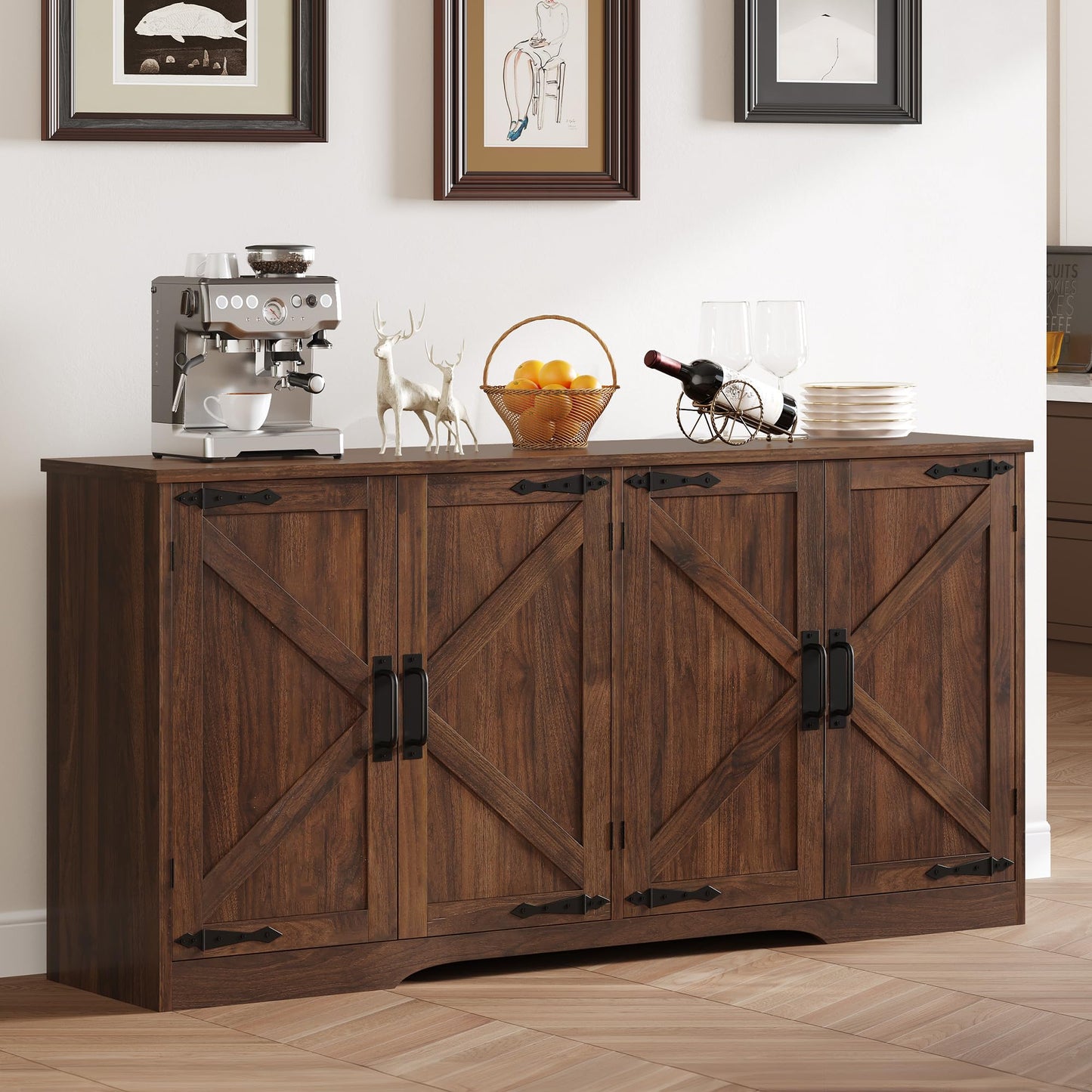 YITAHOME Sideboard Buffet Cabinet, Farmhouse Coffee Bar Cabinet with Large Storage, 62" Kitchen Cupboard with Adjustable Shelves for Living Room, Entryway, Kitchen, Dark Walnut