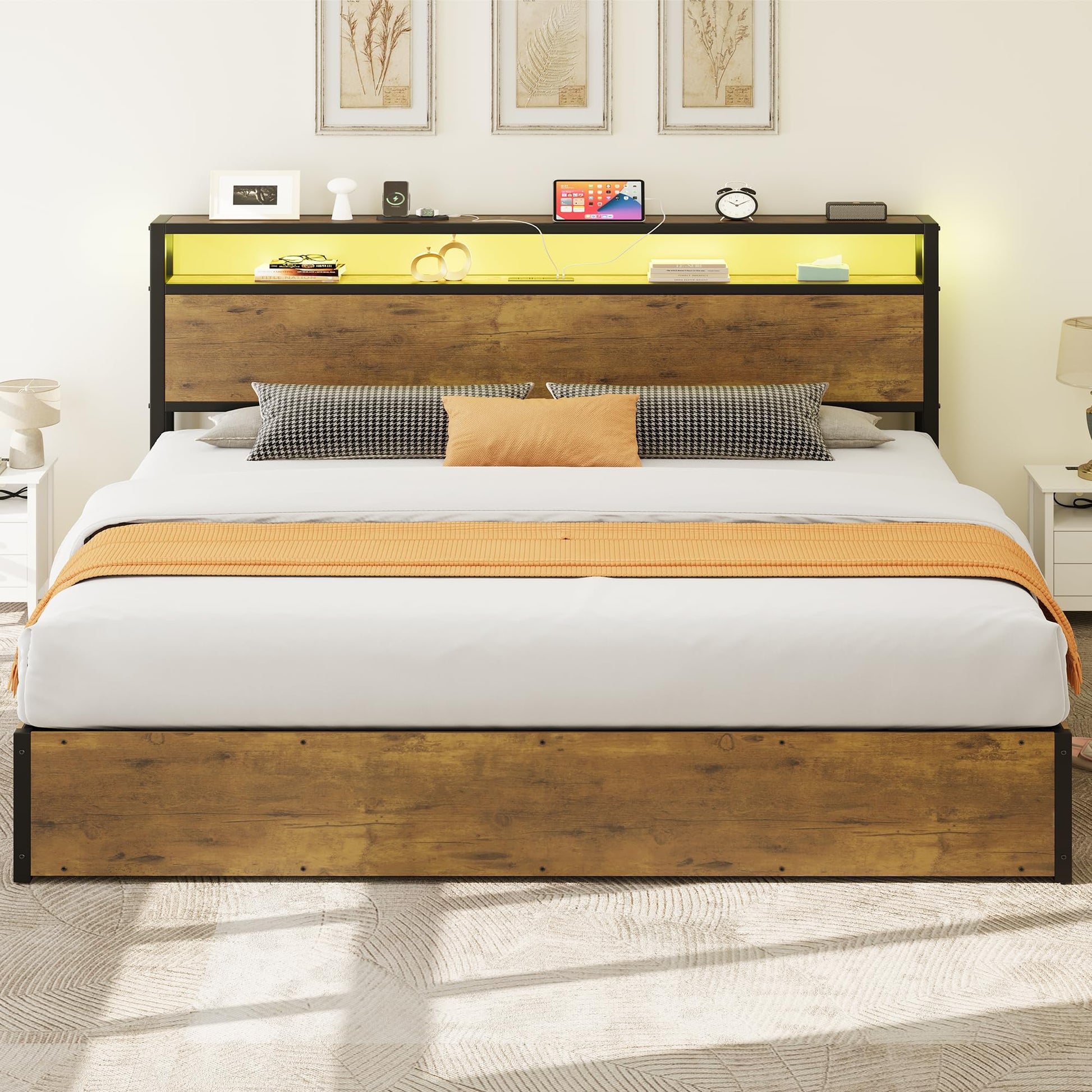 DWVO King Size Lift-Up Storage Bed Frame with Bookcase Headboard and LED Lighting in Rustic Brown - WoodArtSupply