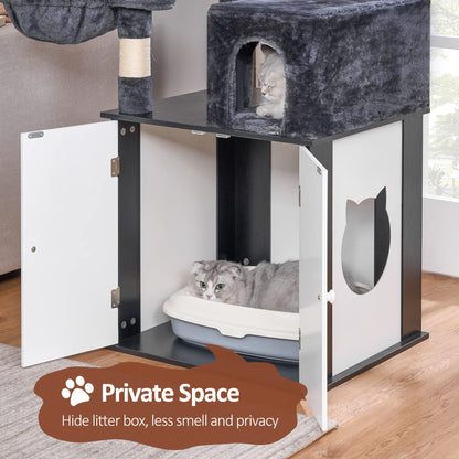 BEWISHOME Cat Tree with Litter Box Enclosure All-in-one Indoor Cat Hidden Litter Box Furniture Cat Tower with Large Cat Condo Modern Cat House with Scratching Posts MMJ81D