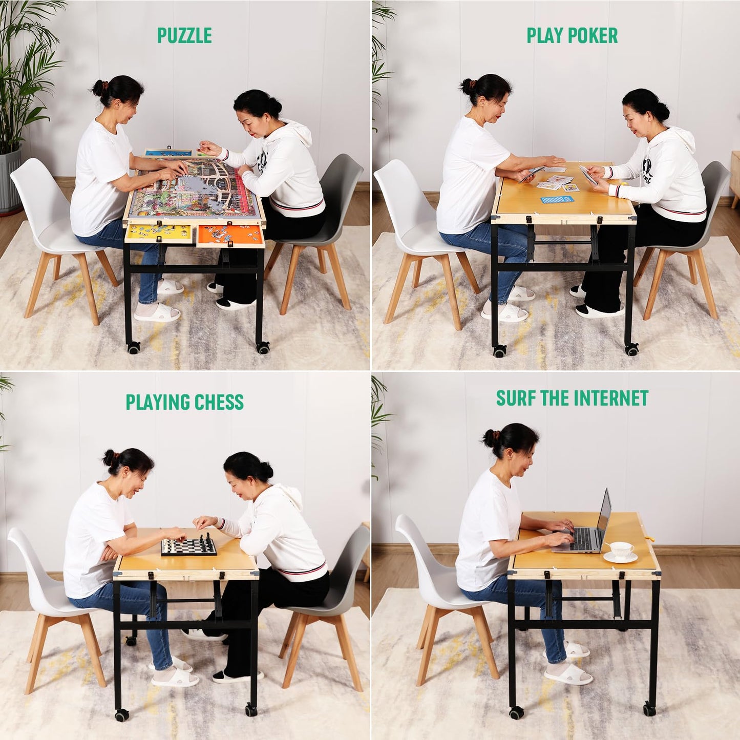 Puzzle Table with Drawers and Folding Metal Legs 1500 Pieces Jigsaw Puzzle Table with Cover 3-Tilting-Angle Portable Wooden Jigsaw Puzzle Board Easy to Move Birthday Gift for mom