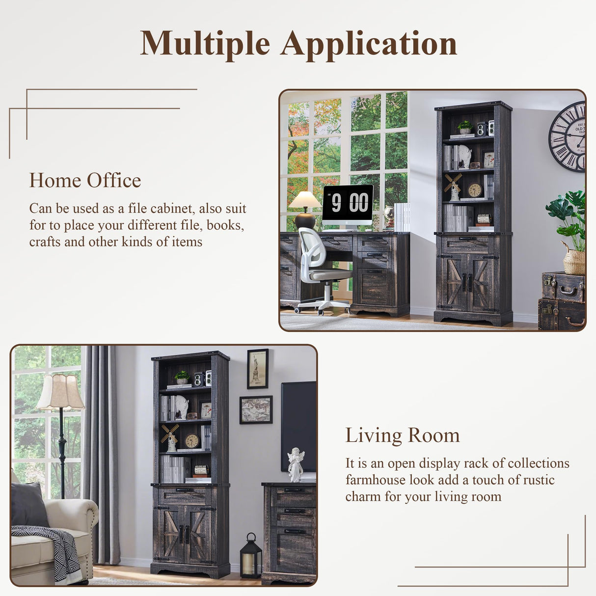 RedLemon 72" Tall Dark Rustic Oak Bookshelf with Storage Cabinet and Adjustable Shelves RedLemon