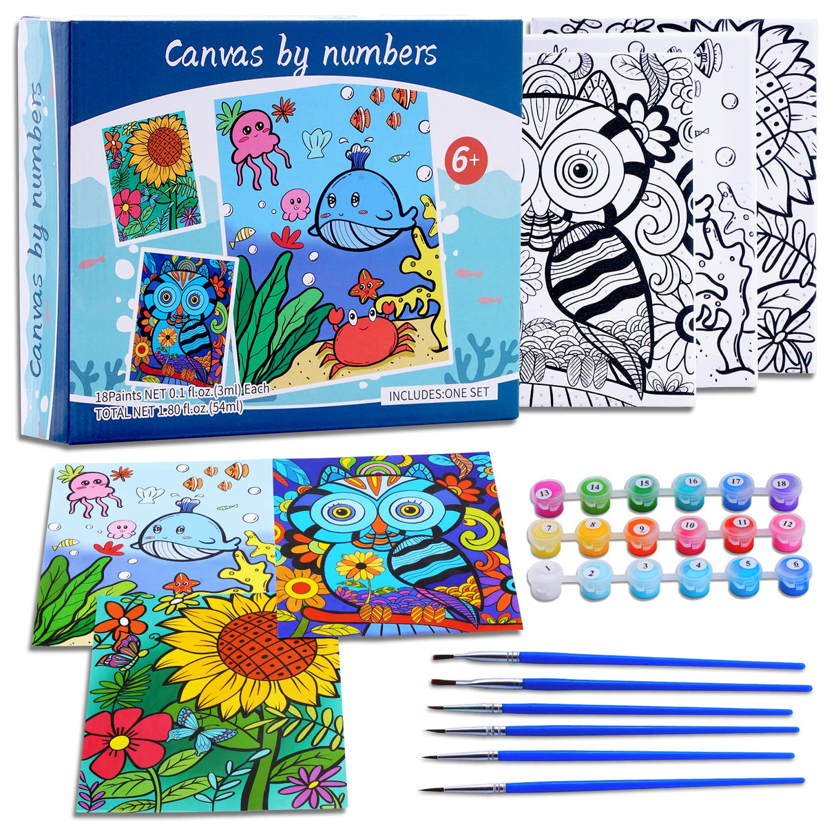 3 Pack Paint by Numbers Kit for Kids Ages 8-12, 10 * 8 inch Color by Number for Kid Framed Canvas with 18 Acrylic Paint Pots and 6 Brushes, Paint by Number, Arts and Crafts Art Supplies for Kids 9-12 Volmop