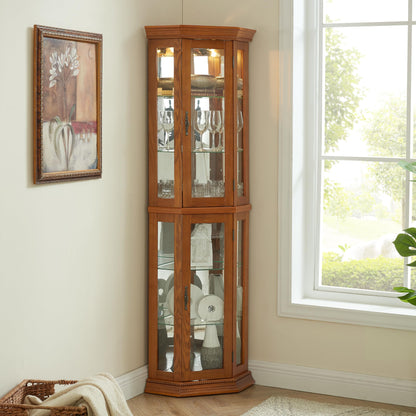 Lighted Corner Display Curio Cabinet Wooden Shelving Unit with Tempered Glass Door, Bar and Liquor Storage Area with 5 Shelves, Wine Cabinet, Oak