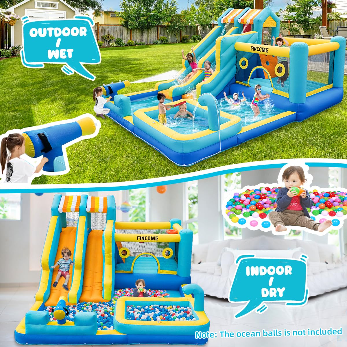 FINCOME Inflatable Bounce House, 10 in 1 Double Water Slide Bounce House with 750W Blower, Climbing Wall, Jumping, Water Gun, Splash Pool, Basketball Hoop for Kids Indoor Outdoor Backyard FINCOME