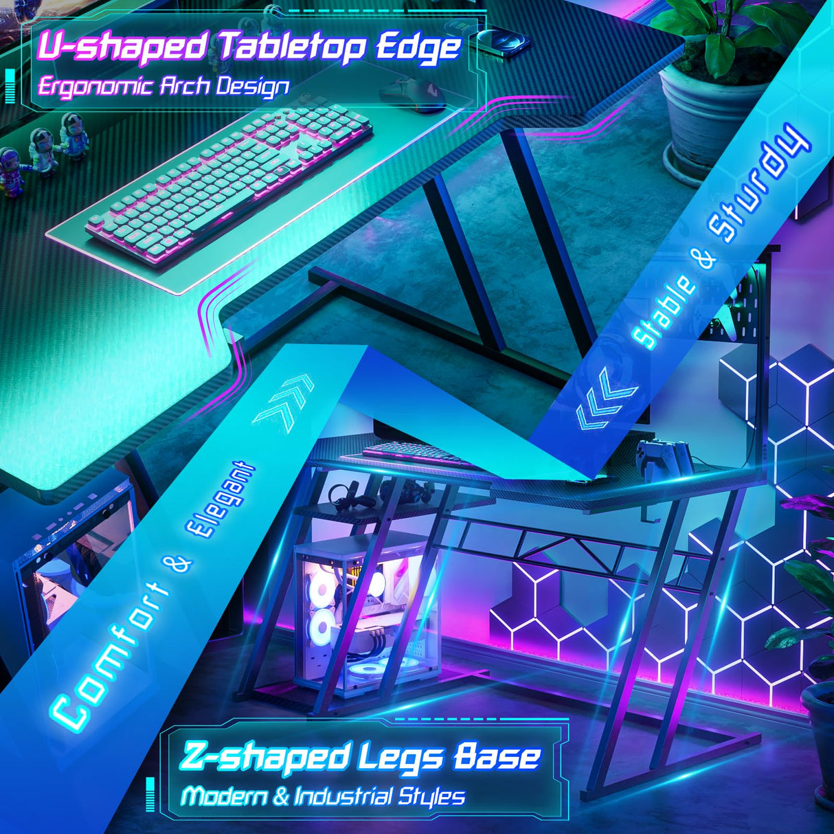 Gaming Computer Desk with Power Outlets, Gaming Desk with Hutch and LED Lights, Reversible PC Gaming Desk with Pegboard, Carbon Fiber Black, 47" armocity