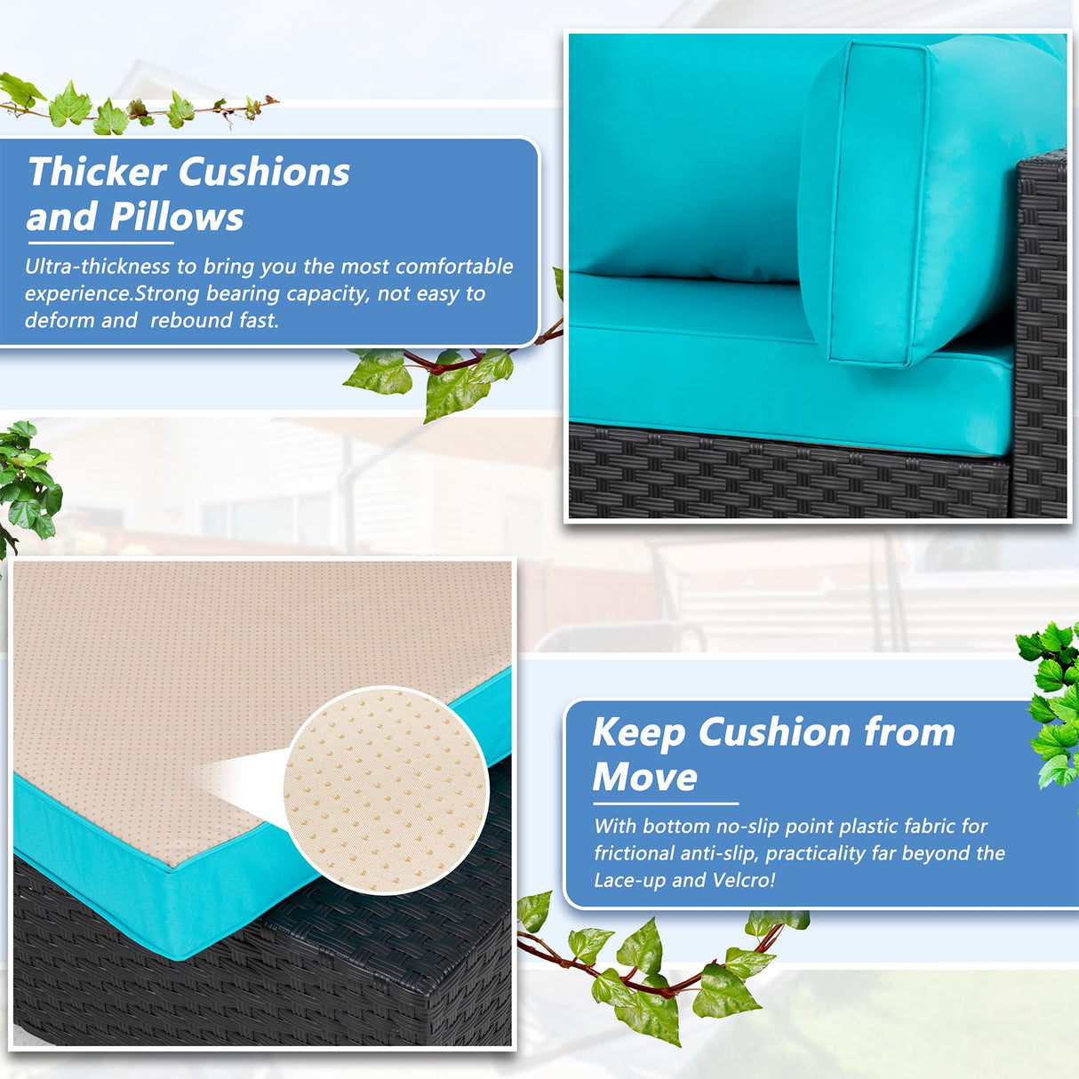 Shintenchi 5 Pieces Outdoor Patio Sectional Sofa Couch, Black PE Wicker Furniture Sets, Patio Conversation Sets with Washable Cushions Glass Coffee Table for Garden, Poolside, Backyard,Blue Shintenchi