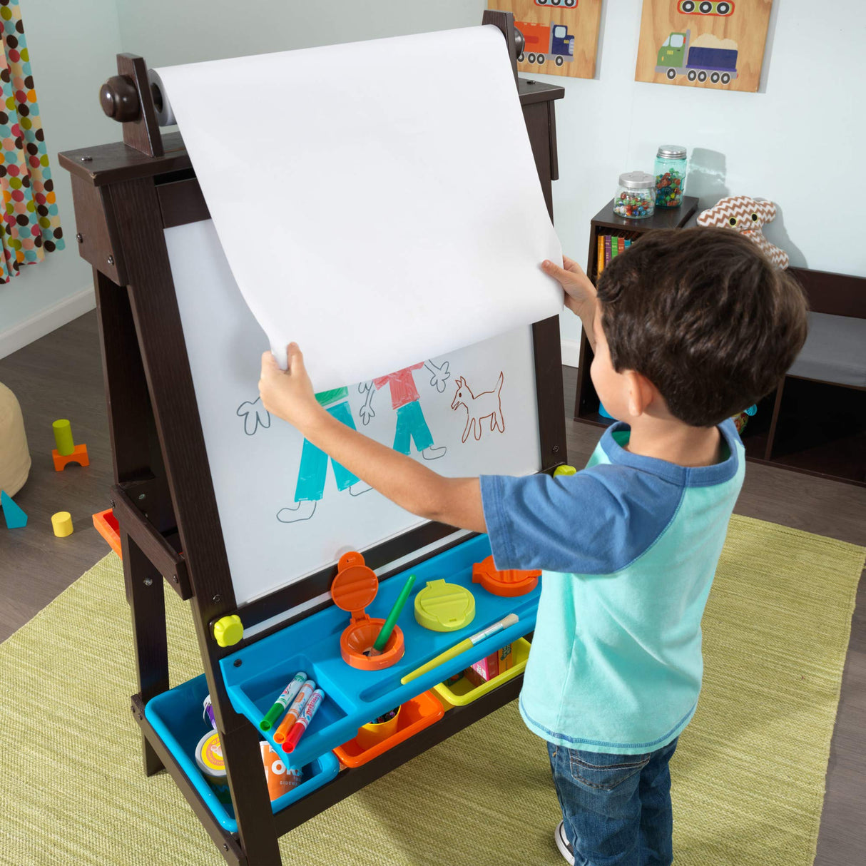 KidKraft Wooden Storage Easel with Dry Erase and Chalkboard Surfaces, Children's Art Furniture - Espresso, Gift for Ages 3+ KidKraft