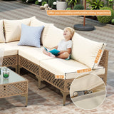 FHFO 7 Piece Outdoor Wicker Patio Furniture Set, Rattan Sectional Sofa Couch, Patio Conversation Set with Cushion & Coffee Table, for Backyard Poolside Porch Garden, Yellow/Beige FHFO