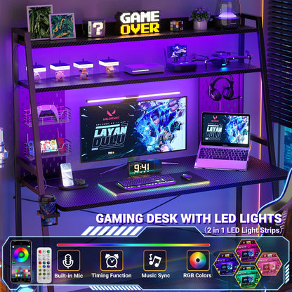 Besiost Gaming Desk with Hutch and LED Lights, Gaming Computer Desk with Power Outlets, Gamer Desk with Storage Shelves, PC Gaming Desk with Pegboards, for Bedroom, Carbon Fiber Black, 49"