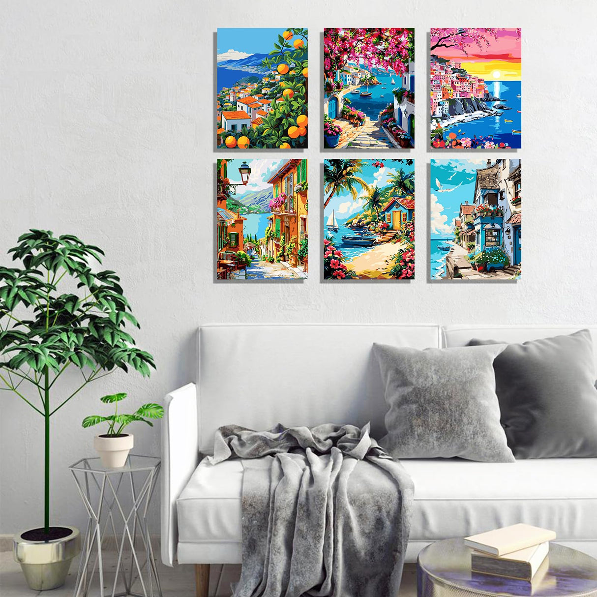 6 Pack DIY Paint by Number Kit for Adults - Mediterranean Coastal Scenery Oil Painting Set, 12x16 Inch Canvas (No Frame), 18 Vivid Acrylic Paints - Stress Relief Art Craft for Home Decor & Gifts TINY FUN