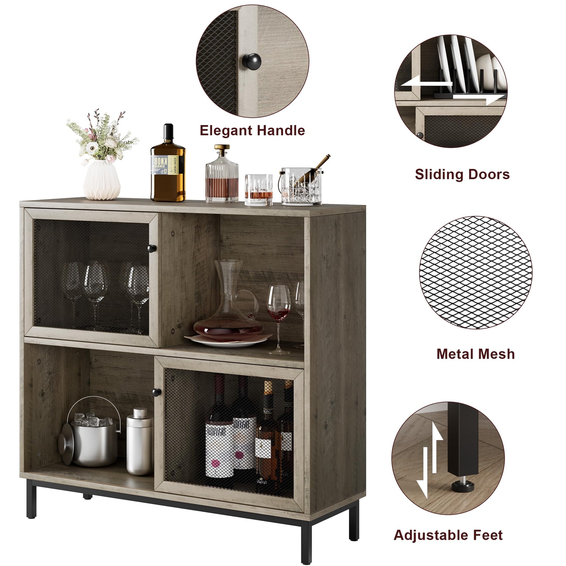 Farmhouse Grey Coffee Bar Cabinet with Sliding Doors & Ample Storage - WoodArtSupply