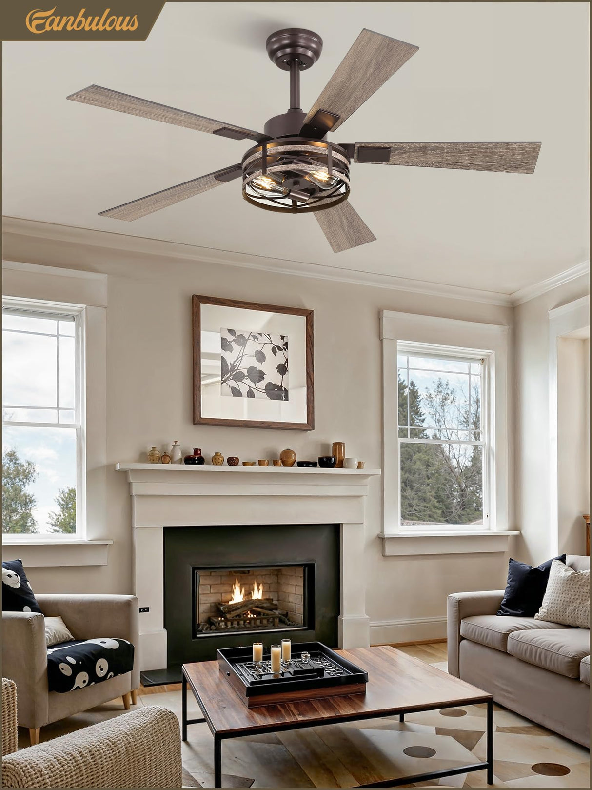 Farmhouse Ceiling Fans with Light, 48 Inch Bedroom Ceiling Fan with Lights, 6-Speed Adjustable, Quiet and Reversible DC Motor, 5 Dual Finish Blades, Rustic Caged Ceiling Fan，Oil Bronze Fanbulous