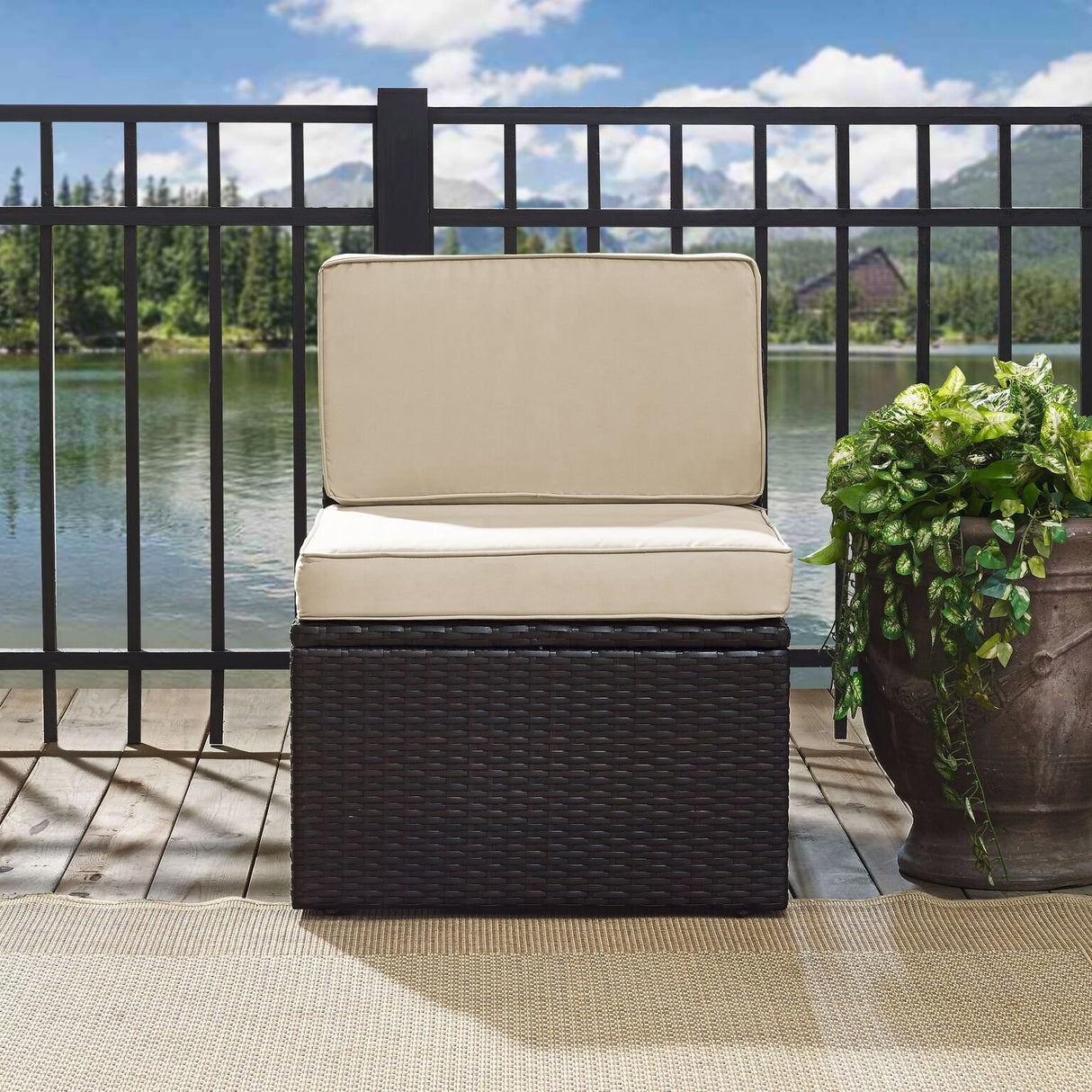 Crosley Furniture Palm Harbor Armless Outdoor Sectional Chair, Wicker Patio Chairs for Porch, Deck, Backyard, Brown with Sand Cushions Crosley Furniture