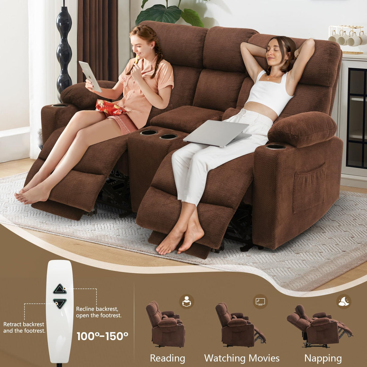 PALLOME Power Loveseat Recliner Sofa with Console, Loveseat Reclining Sofa with Heat & Massage, Home Theater Seating with Lumbar Pillow for Living Room, RV Recliner Loveseat (Velvet, Coffee) PALLOME