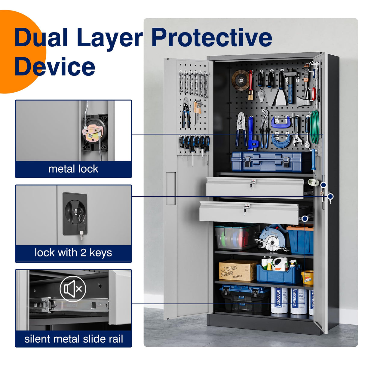 Yizosh Metal Garage Storage Cabinet with Locking Doors and 2 Drawers, Heavy Duty Steel Tool Cabinet with Pegboard, 71" - Lockable Cabinets for Garage, Warehouse, Basement (Black Gray) Yizosh