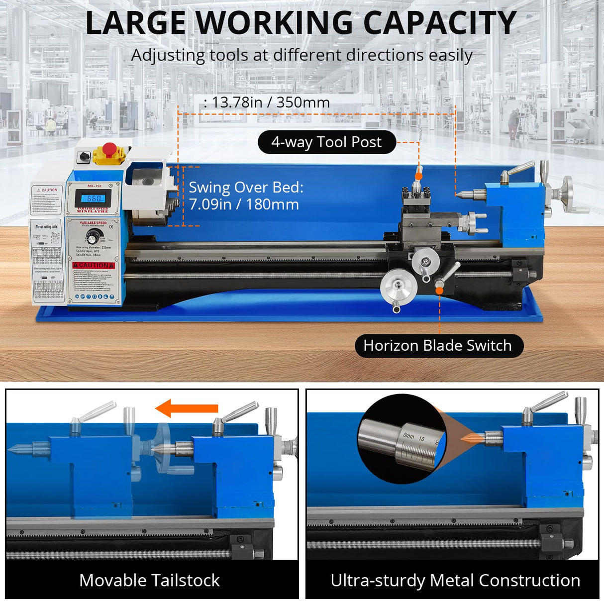 Metal-Lathe-Machine Threading Turning Drilling - Metalworking Machine 550W Mini Metal Lathe 7" x 12" Benchtop with 3-Inch 3-Jaw Chuck Double Feed Tool Box and Dirll Euker