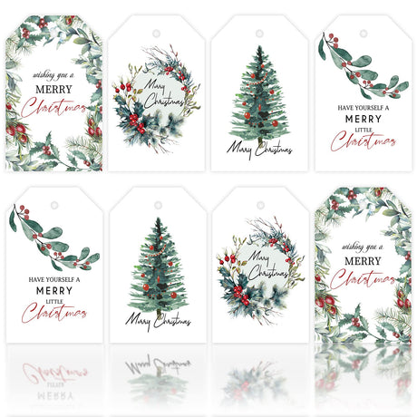 Whaline 100Pcs Christmas Tags with 30m / 98.4ft Hemp Rope Watercolor Plants Seasonal Wishes Labels Holiday Season Gift and Favor Tags for Seasonal Favors Xmas Parties and Celebrations, 4 Styles Whaline