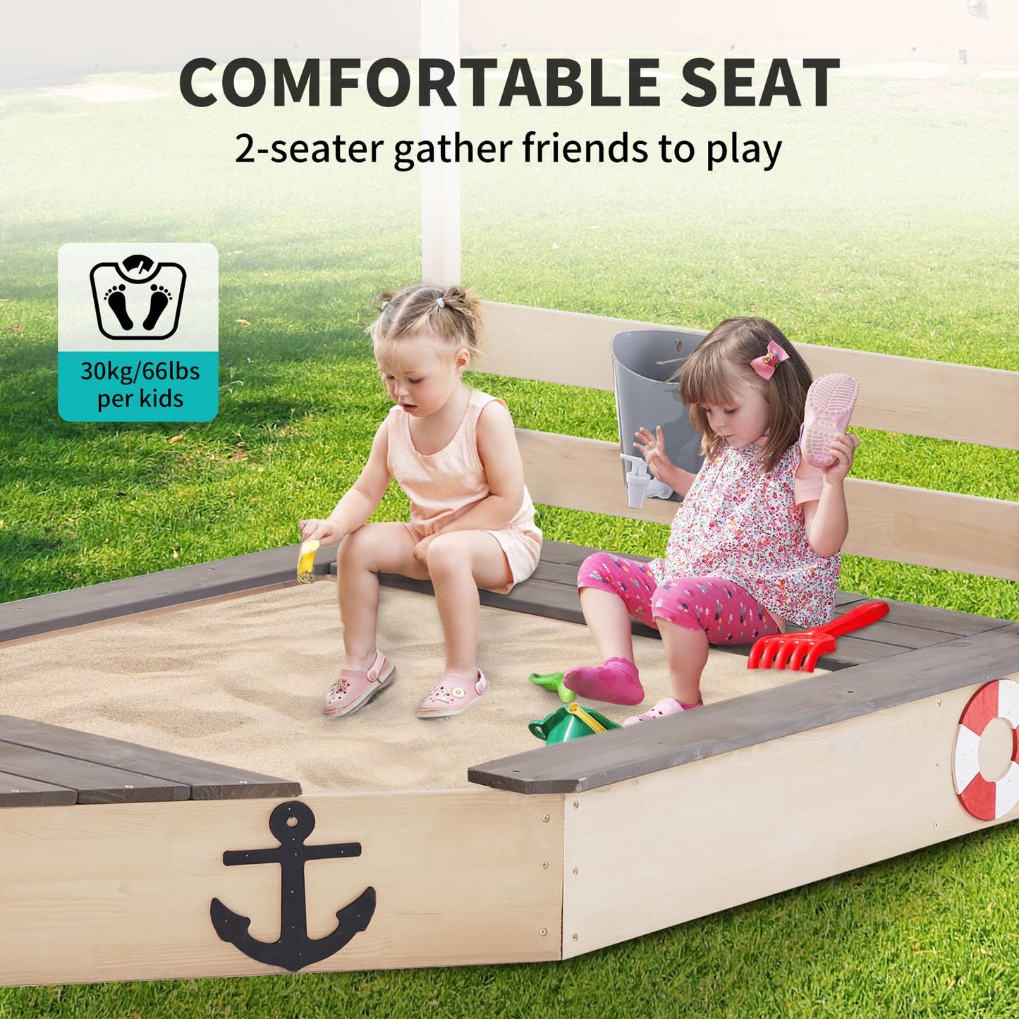 Pirate Ship Kids Sandbox with Cover, Wooden Sandbox with Storage Bench, Seat, Sink, Outdoor Sand Box for Backyard Garden, Kids Sand Boxes for Aged 3-8 Years Old, Children Playset Sandpit (Lig - WoodArtSupply