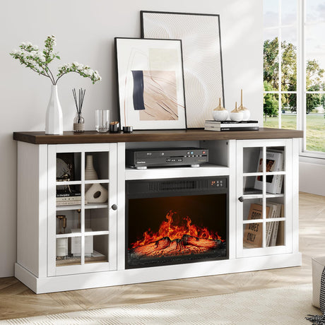ONBRILL 59" Fireplace TV Stand, Entertainment Center with 23" Electric Fireplace, TV Table for TVs up to 65 Inch, Media Console Cabinet with Storage and Glass Doors for Living Room,Wood White ONBRILL