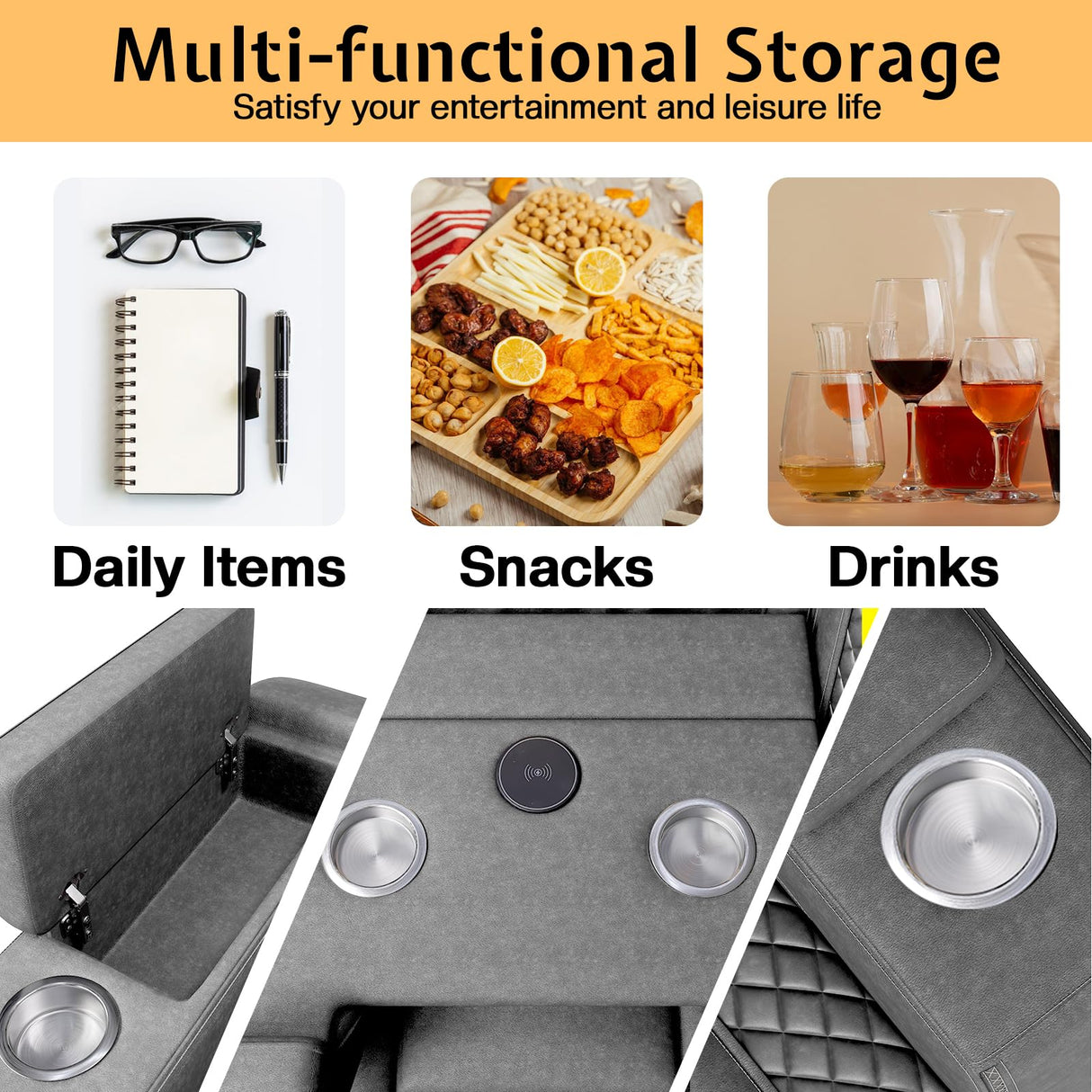 Jocisland Home Theater Seating, Movie Loveseat Recliner Chair with USB Wireless Charging, 3 Theatre Seats Couch Sofa for Media Room w/Electric Headrest, LED Light, Fold Down Table Jocisland