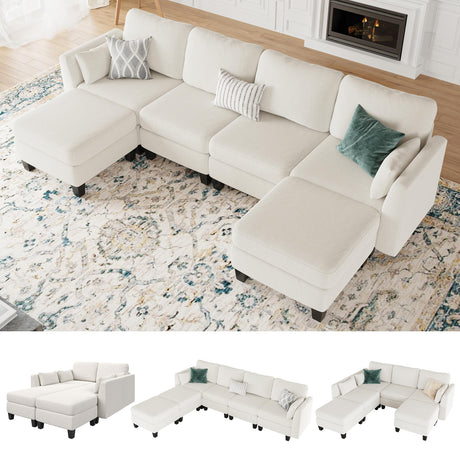 Huatean Home Modular Sectional Sofa, Convertible U Shaped Sofa Couch with High Density Memory Foam, Modern U Shaped Sectional Sofa, 6 Seat Comfy Modular Sofa Couch for Living Room, Beige Huatean Home