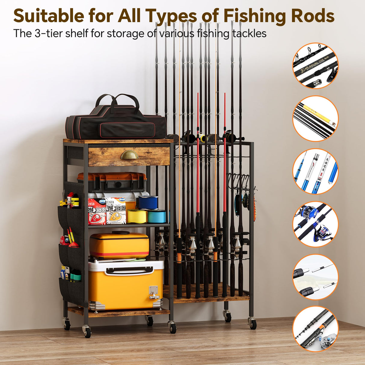 Homeiju Fishing Rod Holder, Fishing Pole Holders for Garage Boat Fishing Gear Storage with Drawer and Wheels, Holds 16 fishing rods for Home Entryway Corner,Rustic Brown Homeiju