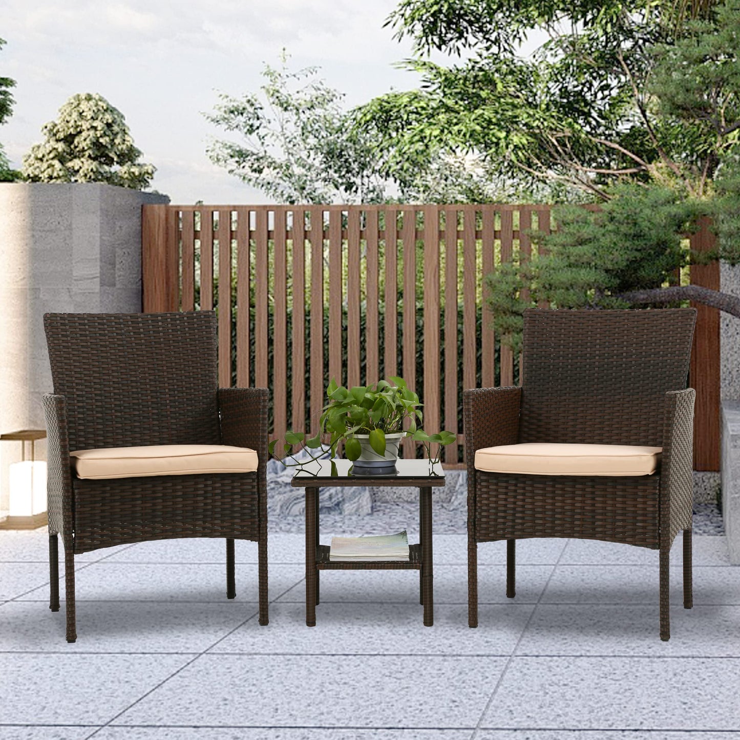 FDW Patio Bistro Conversation Set Wicker Furniture 2 Rattan Chairs Cushions and Glass Coffee Table for Porch Lawn Garden Balcony Backyard, 3 Pieces, Brown and Khaki - WoodArtSupply