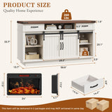 59'' Fireplace TV Stand with 3D Flame Electric Fireplace Heater, 34'' Tall Farmhouse TV Stand for 65 Inch TV, Entertainment Center TV Console with 2 Drawers, Sliding Barn Door for Living Room - White Jocoevol