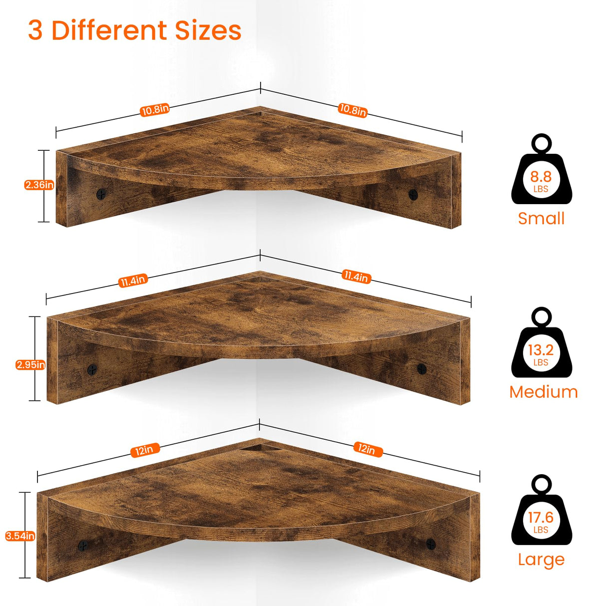 Homode Corner Shelf Wall Mount, Set of 3 Floating Corner Shelves with Cord Hole, 3 Tier Wood Wall Display Shelf, Storage for Bathroom Living Room Kitchen Bedroom, Rustic Brown and Black Homode