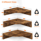 Homode Corner Shelf Wall Mount, Set of 3 Floating Corner Shelves with Cord Hole, 3 Tier Wood Wall Display Shelf, Storage for Bathroom Living Room Kitchen Bedroom, Rustic Brown and Black Homode