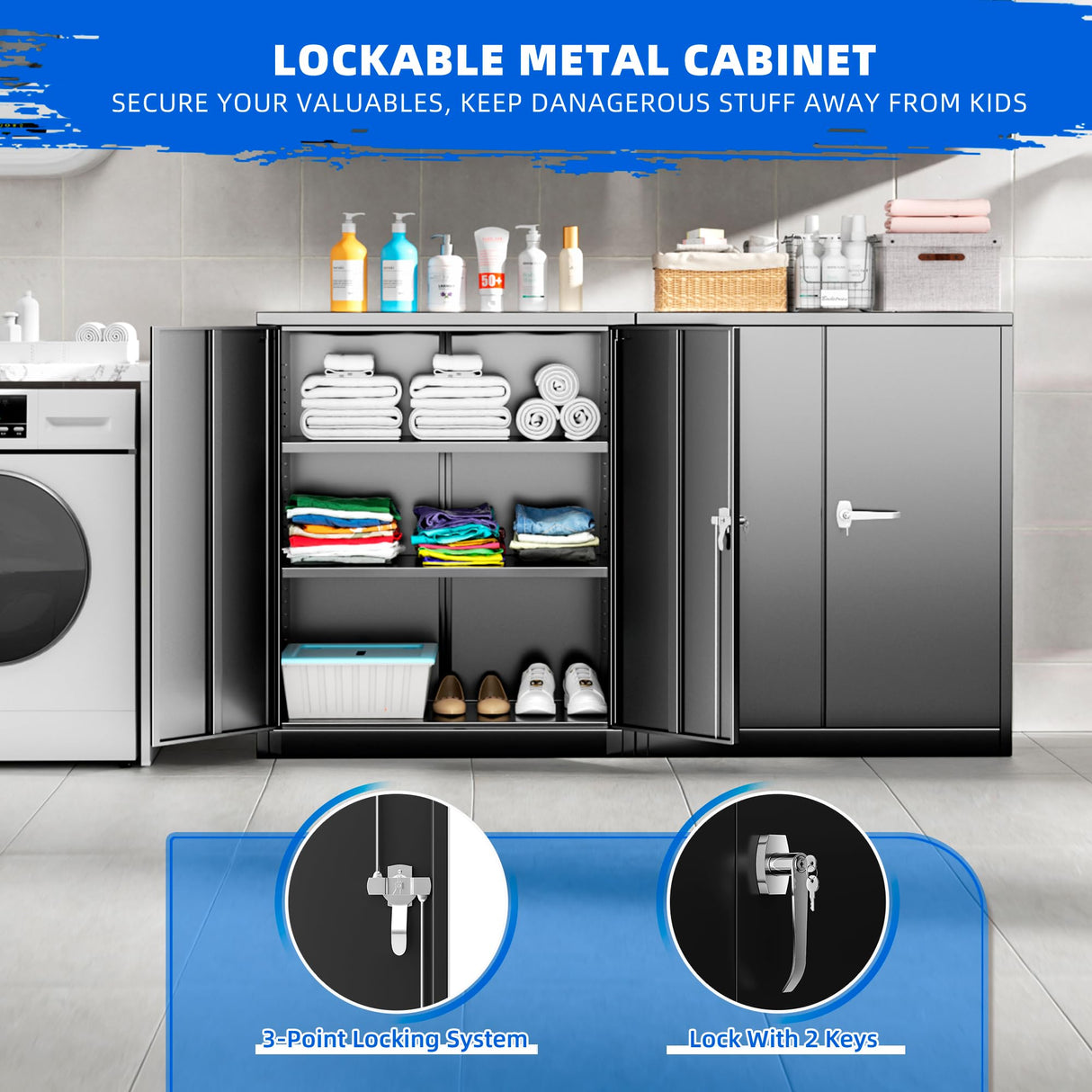 Superday Locking Metal Cabinet, 36"×32"×16" Lockable Steel Storage Cabinet with 2 Doors and 2 Shelves, Small Metal Utility Cabinet Closet for Home Office File Pantry Garage (Black) Superday