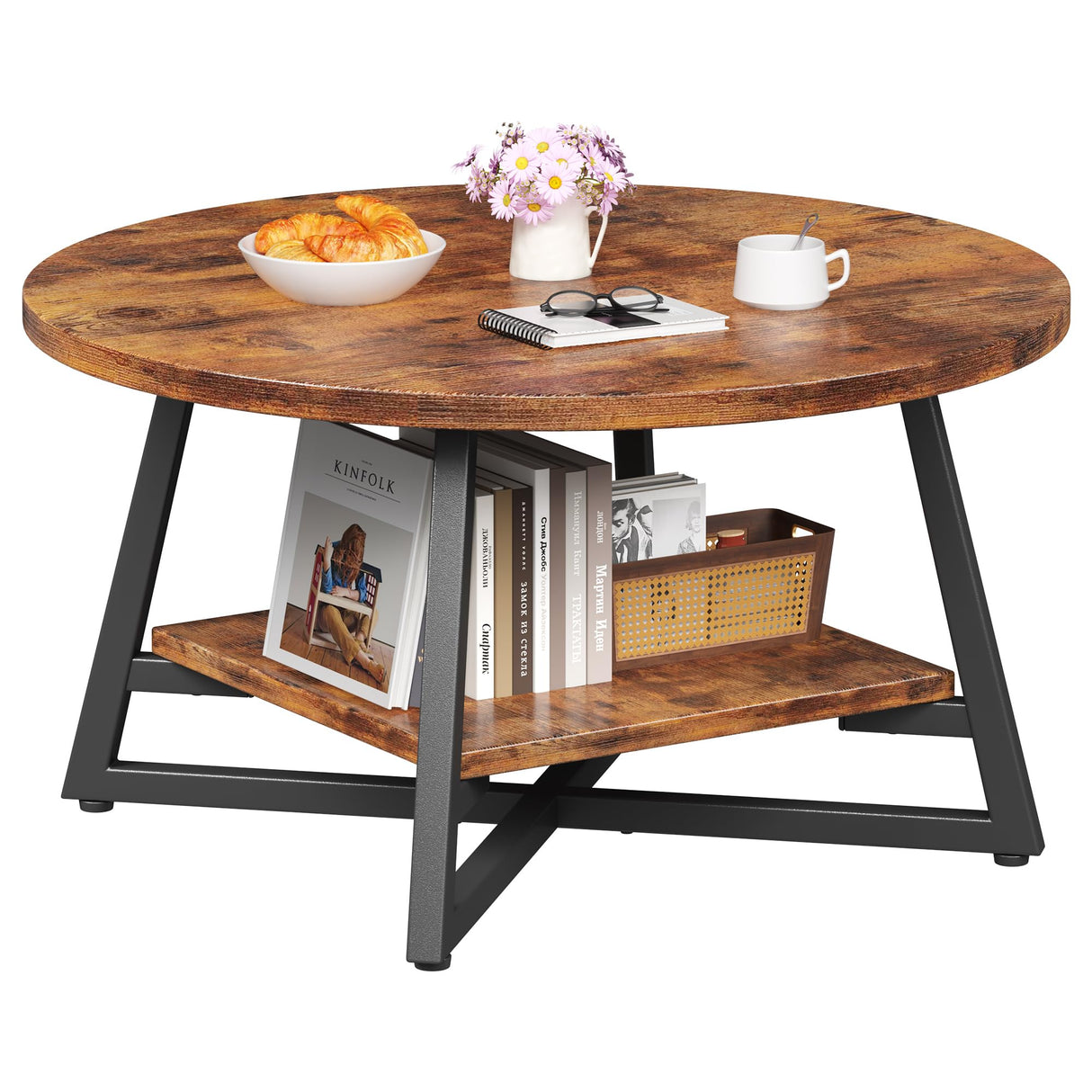 Round Coffee Table, Small Circle Coffee Table with Storage, Modern Wood Round Center Table for Living Room, Home Office, Small Space, Easy Assembly, Rustic Brown Homeiju
