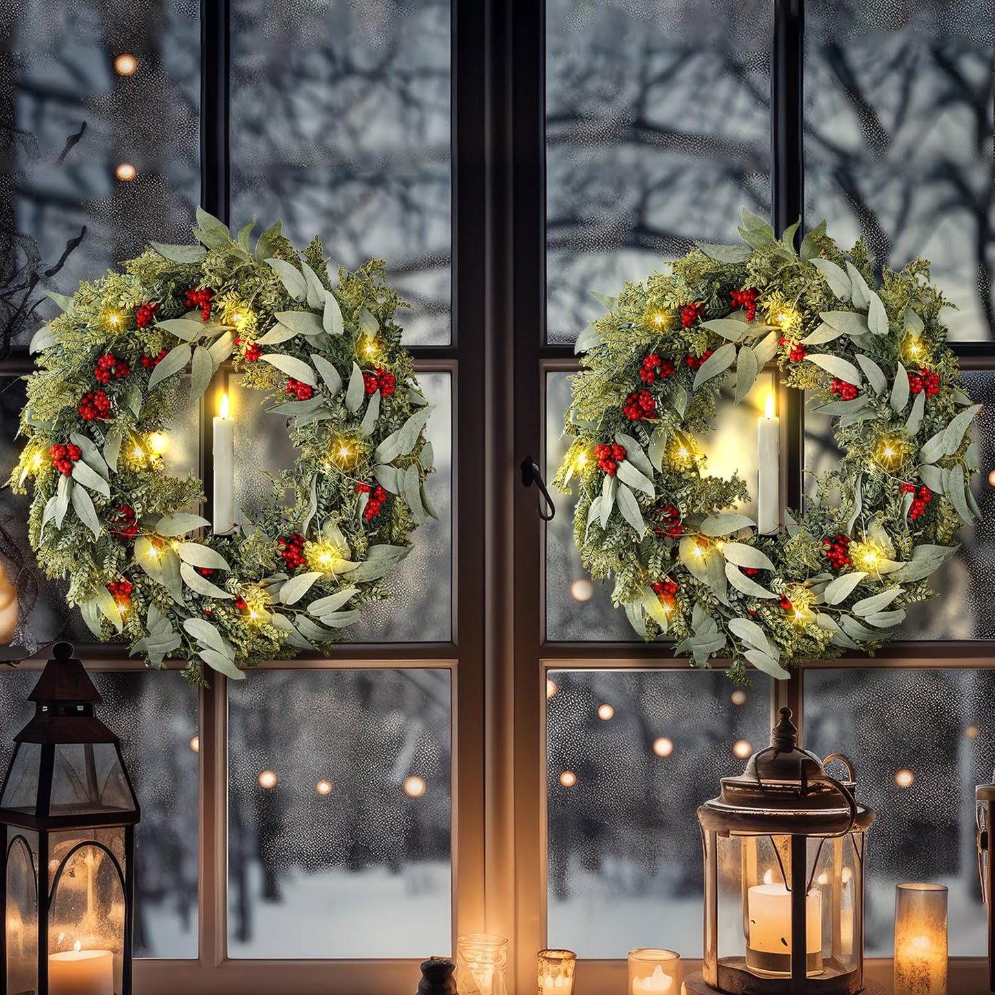 Daifunli 2 Pack Christmas Wreaths with LED Taper Candles 12 Inch Christmas Window Decorations Wreath with Light Remote Operated Windows Wreath for Front Door Holiday Outdoor Decoration