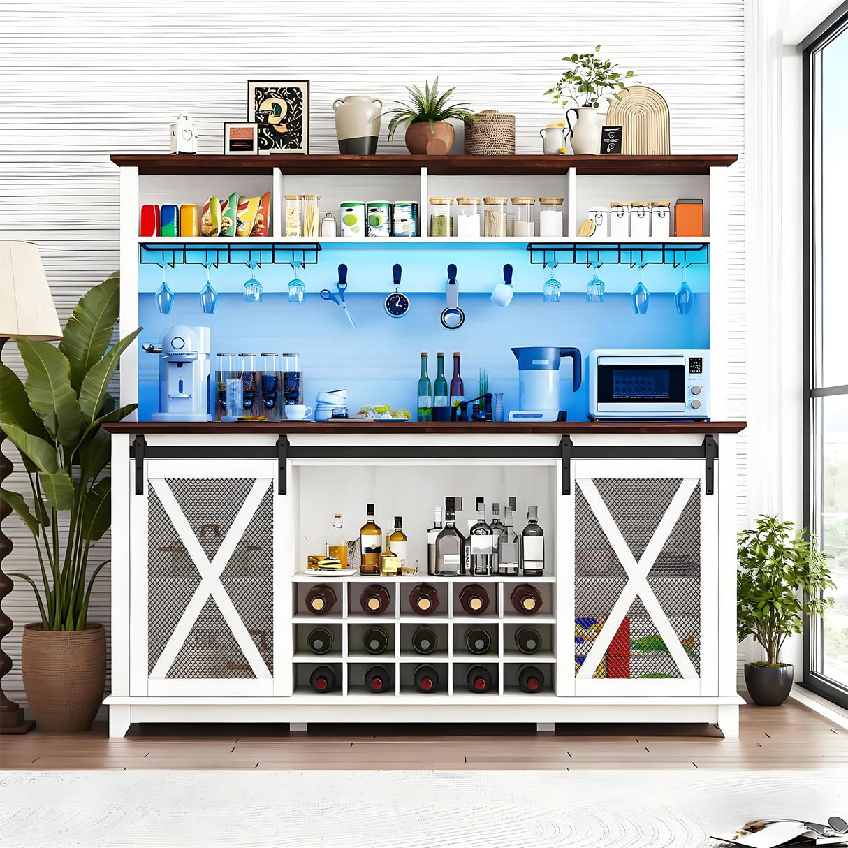 63 Inch Farmhouse Coffee Bar Cabinet with LED Lights, Wine Bar Cabinet with Storage, Kitchen Buffet Hutch with Sliding Barn Door, 15-Bottle Wine Rack, 4 Hooks & Glass Holder, Adjustable Shelves, White CayugaCrekrd