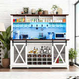 63 Inch Farmhouse Coffee Bar Cabinet with LED Lights, Wine Bar Cabinet with Storage, Kitchen Buffet Hutch with Sliding Barn Door, 15-Bottle Wine Rack, 4 Hooks & Glass Holder, Adjustable Shelves, White CayugaCrekrd