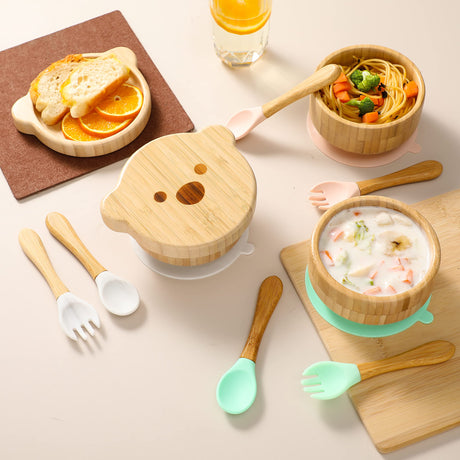 Baby Bowls with Lid,HBM Bamboo Suction Bowls for Baby and Spoon Set,3PC Feeding Supplies Set for Infant, Toddlers,Detachable Silicone Suction Stay Put Base for Wooden Bowl （Marble） HI BABY MONMENT