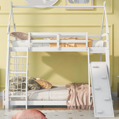 Merax Twin over Queen Solid Wood Bunk Bed with Climbing Ramp and Nets in White - WoodArtSupply