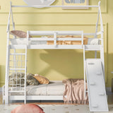 Merax Twin Over Queen House Bunk Bed Frame Solid Wood with Climbing Nets and Climbing Ramp for Boys Girls,Playroom,White Merax