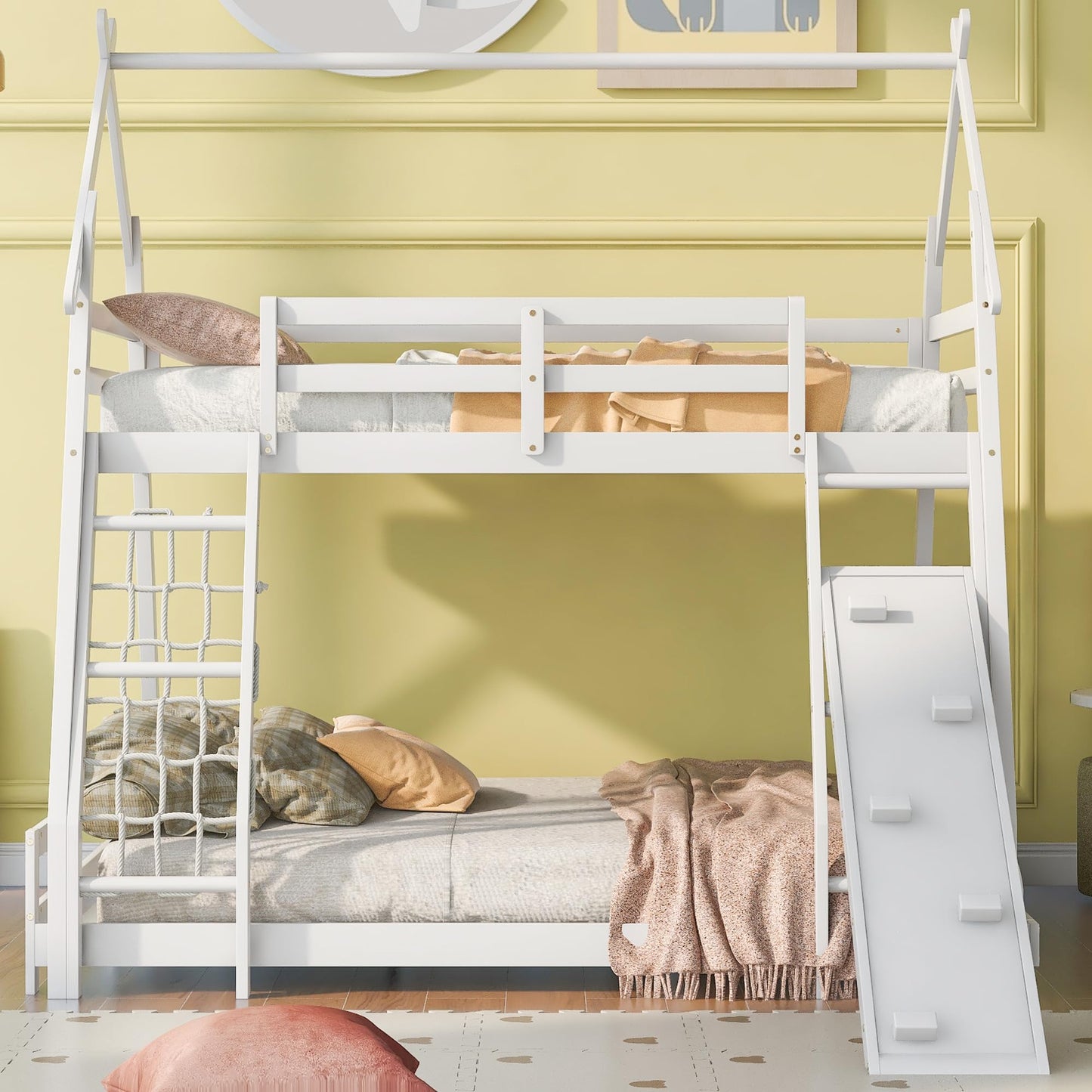 VilroCaz Twin Over Queen House Bunk Bed with Climbing Nets and Ramp for Kids, Solid Wood Frame in White - WoodArtSupply