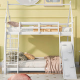 VilroCaz Twin Over Queen House Bunk Bed with Climbing Nets and Ramp for Kids, Solid Wood Frame in White VilroCaz