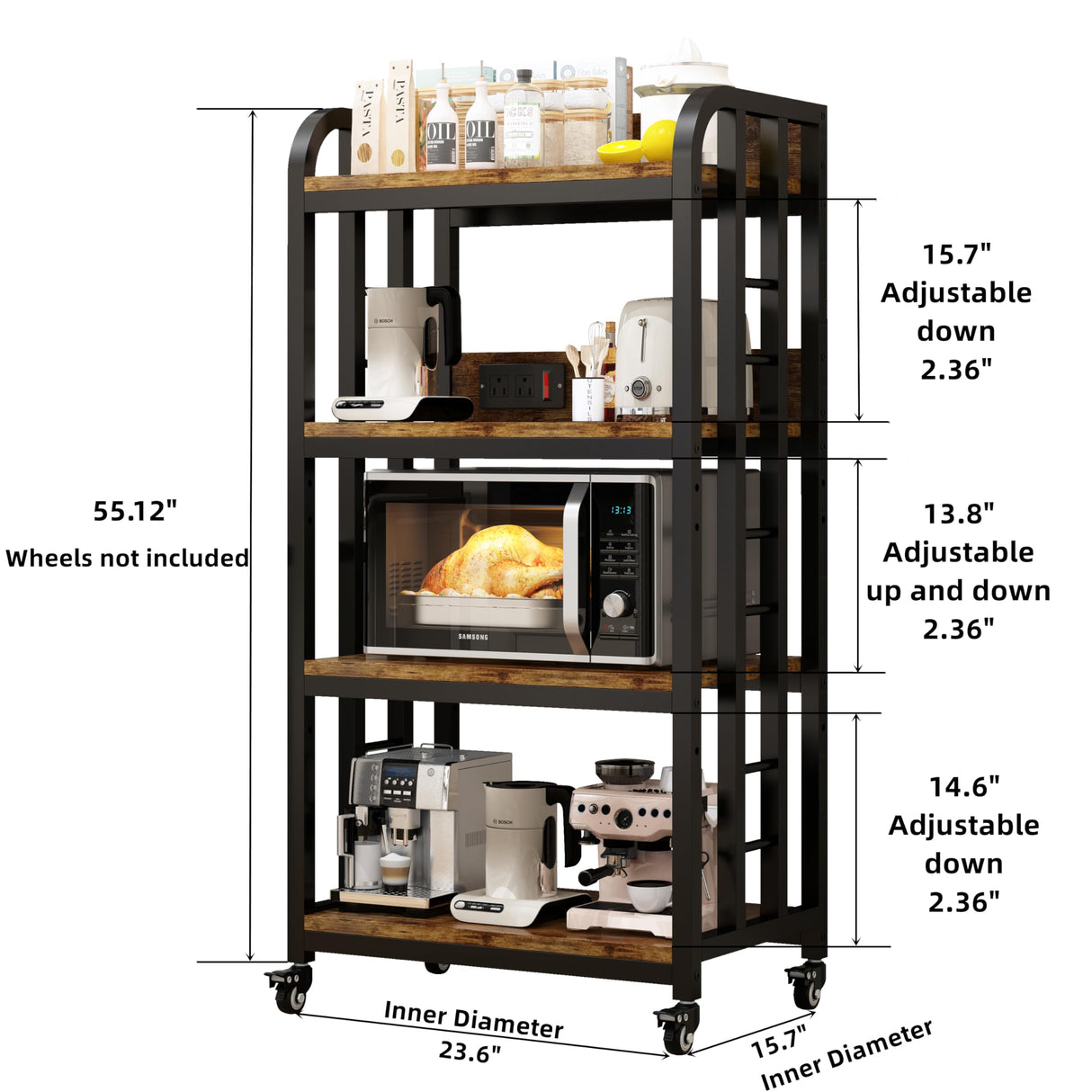 4-Tier Kitchen Bakers Rack with Power Outlet and Rolling Wheels, Microwave Stand with Storage, Adjustable Kitchen Shelves Freestadning, Coffee Bar Station, Bakers Rack for Spices, Pots and Pans, Brown BINGO CHERRY
