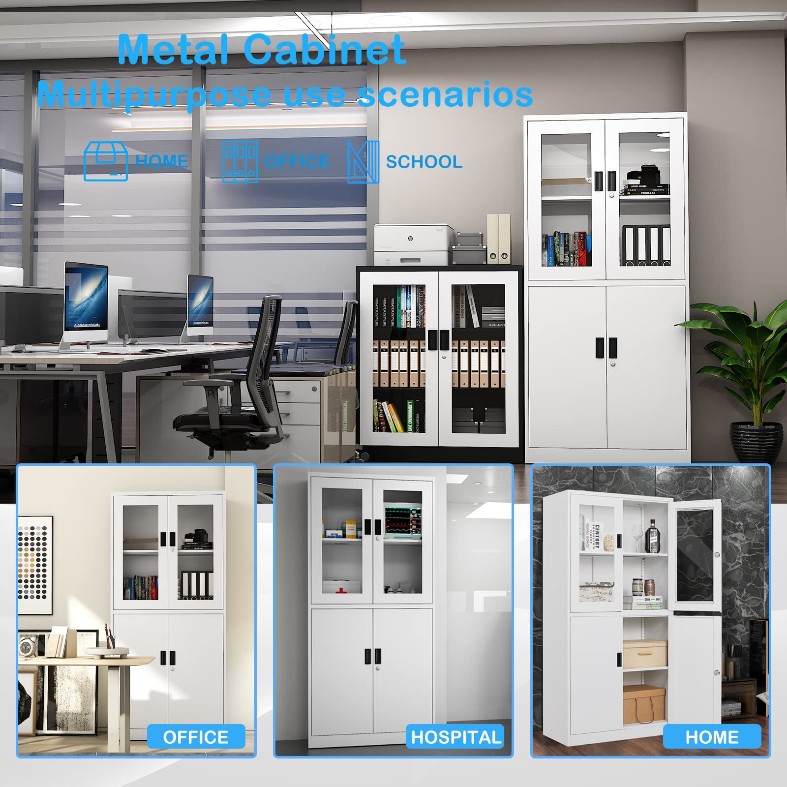 Letaya Storage Cabinet with Doors and Shelves,71" Steel Locker Acrylic Glass Door with Lock, for School Home Office - WoodArtSupply