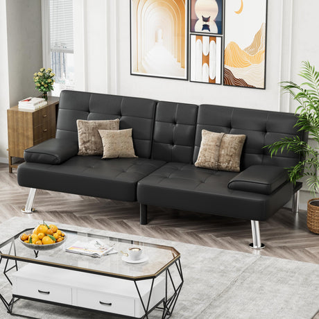 JUMMICO Faux Leather Futon Sofa Bed Futon Couch with Removable Armrests Adjustable Sleeper Sofa Bed with 2 Cup Holders for Living Room (PU Leather, Black) JUMMICO