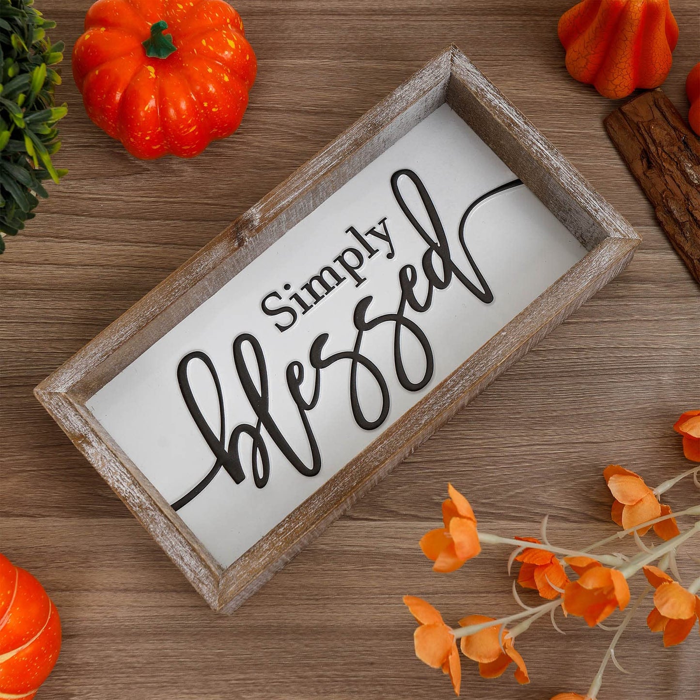 FESTWIND Tiered Tray Decor, Simply Blessed Sign Embossed Metal With Wood Frame - Shelf, Mantel, Blessed Signs for Home Decor - Rustic Thanksgiving, Primitive Decoration