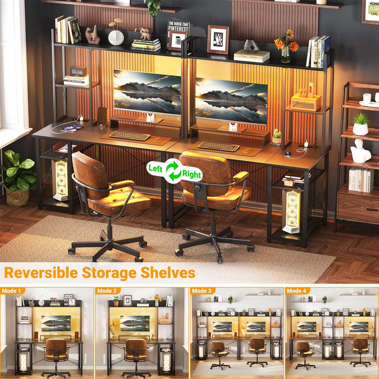 Cyclysio Gaming Desk with Hutch, 39'' Computer Desk with LED Lights & Power Outlets, Home Office Desk with Reversible 5 Tiers Storage Shelves & Monitor Stand, Small Gaming Table for Small Space, Black Cyclysio