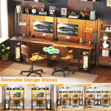 Cyclysio Gaming Desk with Hutch, 39'' Computer Desk with LED Lights & Power Outlets, Home Office Desk with Reversible 5 Tiers Storage Shelves & Monitor Stand, Small Gaming Table for Small Space, Grey Cyclysio